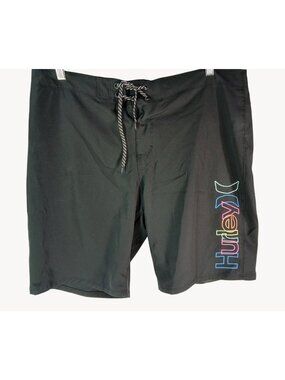 Hurley Mens Black Board Shorts Size 36 Rainbow Logo Back Pocket Crossover Swim
